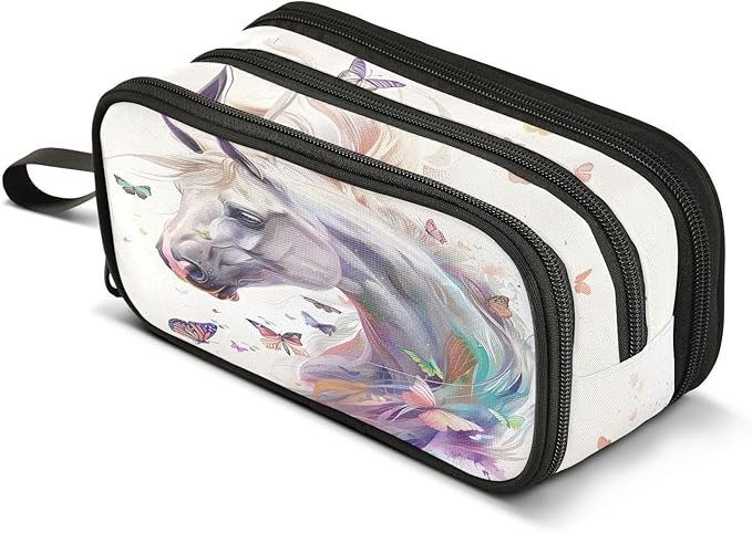 White Horse Butterflies Pencil Case Box Boys Girls Large Pencil Pouch with Zipper Compartments Big Capacity Stationery Pen Bag Organizer for Kids Teens Adults School