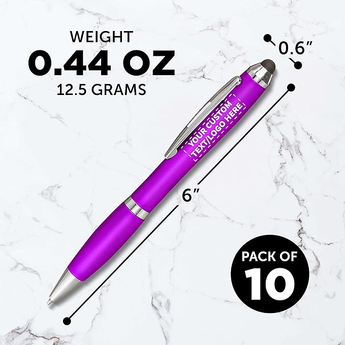 DISCOUNT PROMOS Custom Plastic Stylus Pens Set of 10, Personalized Bulk Pack - Black Ink, Great for Office, School, Business, Tradeshows, Events - Purple