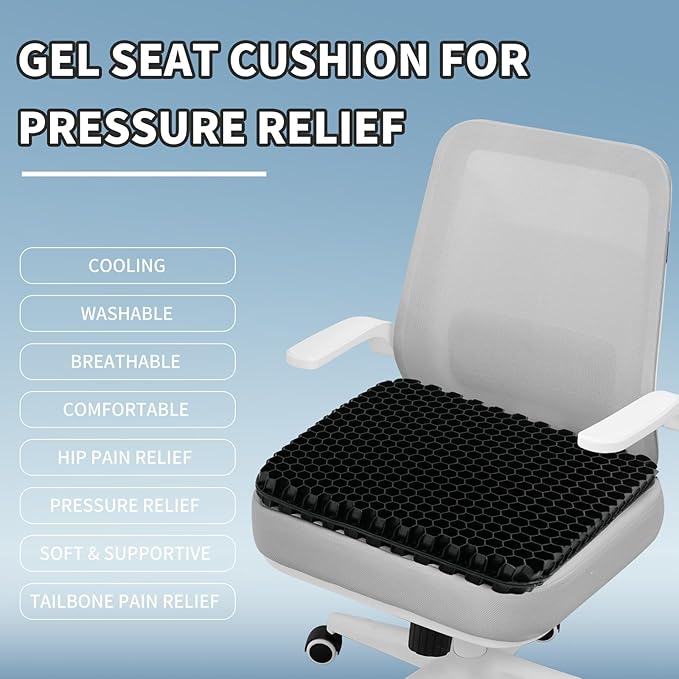 Gel Seat Cushion for Long Sitting - 16.5" x 14.5" x 2.4" (Extra Thick＆Soft) Gel Cushion for People Over 180 lbs, Pressure Relief Cushion for Office Chair, Egg Cushions for Wheelchair, Gel Pad for Car