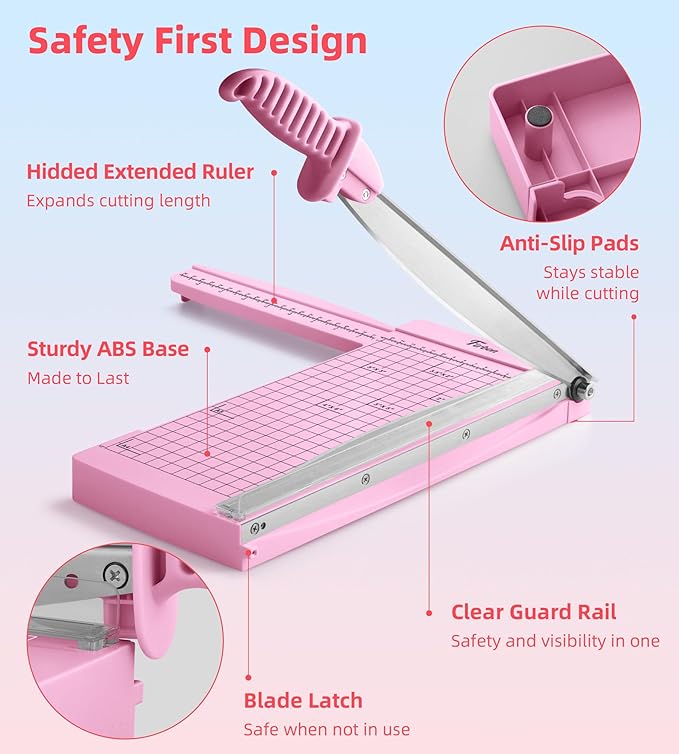 Firbon 12" Guillotine Paper Cutter with Hidden Ruler, Compact Heavy Duty 12-Sheet Capacity Trimmer for Cardstock, Photos, Scrapbooking, Office, Classroom, Studio (Pink)