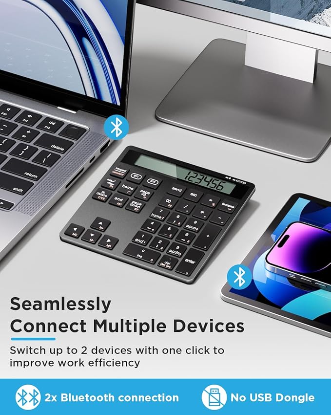Rechargeable Wireless Number Pad for Laptop, 34 Keys Numeric Keypad with Dual Bluetooth & Display, 2-in-1 Numpad and Calculator, Slim Portable Number Pad Keyboard for Windows, Mac, PC, Tablet
