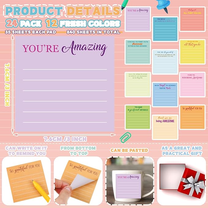 Yinder 48 Pcs Employee Appreciation Sticky Notes New Year Gift Bulk Motivation Sticky Note Pads Inspirational Gift for Teacher Nurse Staff Coworker Office Supply 3 x 3'' (Appreciation,Light Color)