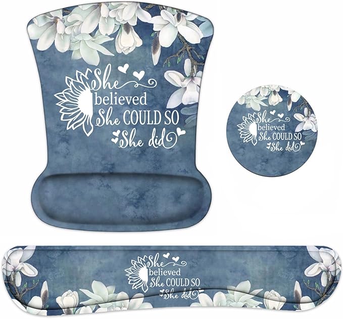 Keyboard Wrist Rest and Mouse Pad Wrist Support Set with Coasters, She Believed She Could So She Did Inspirational Quote Wrist Mouse Pad with Non-Slip PU Base for Home Office Working Studying