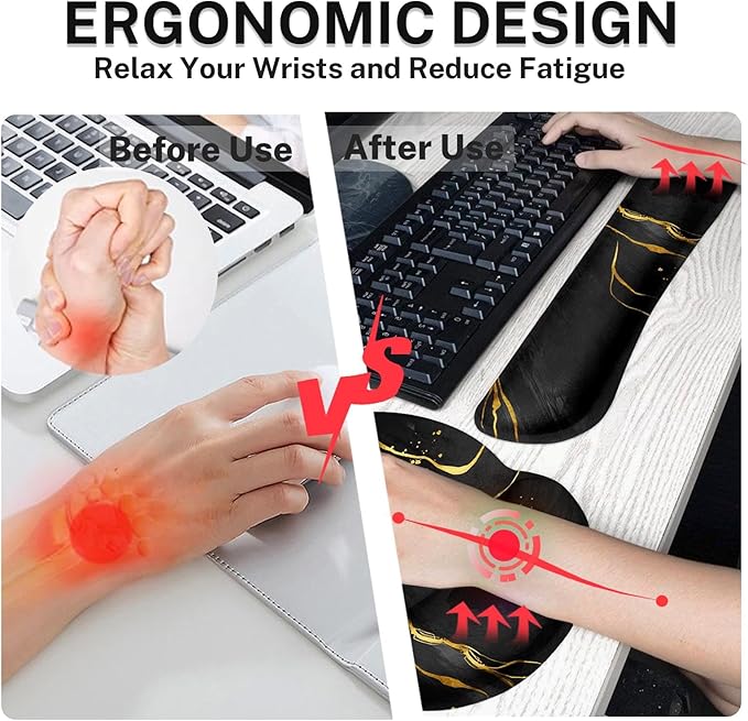 Britimes Black Gold Marble Keyboard Mouse Pad Set 4in1 Large Mousepad+Keyboard Wrist Rest+Mouse Wrist Rest+Coaster Ergonomic Design for Home Office Computer 35.4x15.7 inches
