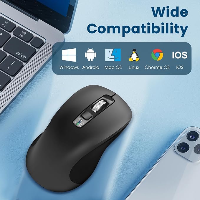 Wireless Bluetooth Mouse (USB + BT1 + BT2), Full Size Mouse, 4-Way Scrolling, Multi-Device Silent for Computer, Laptop, iPad, MacBook (Grey)