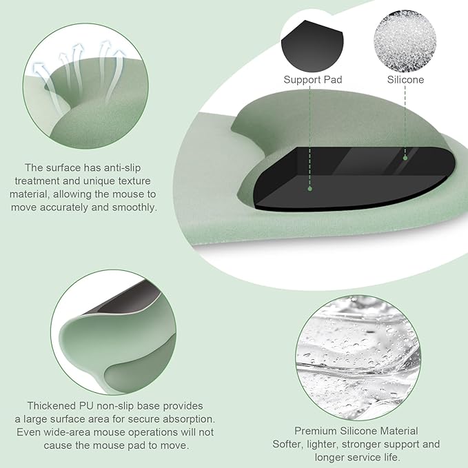 MOSISO Wrist Rest Support for Mouse Pad&Keyboard Set, Streamline Ergonomic Mousepad&Coaster Non-Slip Base Home/Office Pain Relief&Easy Typing Pad with Soft Cloth&Silicone Lining, Antique Green