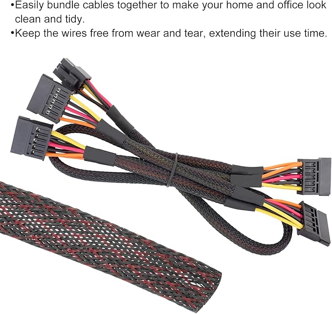 25ft PET Expandable Wire Loom 1/2 Inch, PET Braided Wire Sleeving Cable Management Sleeve Tubing [for Audio Video Home Office Cord Protector]-Black Red