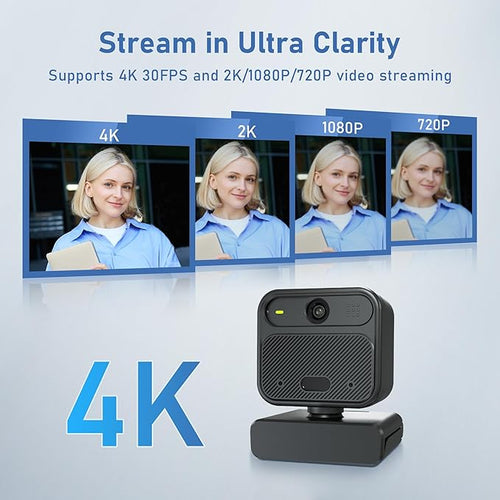 4K Webcam for PC, with 2 Microphone, 85° FOV Computer Cameras with Mirror & Flip Funtion, Remote, Precise Focus, Privacy Cover, Tripod, Webcam for PC, Great for for Computer/Zoom/Skype/Teams/Windows