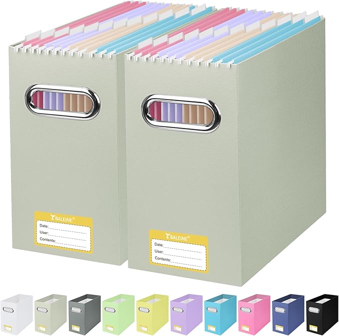 BALEINE File Organizer Box, Cardboard File Folder Organizer with Handle for Letter Size, Portable Collapsible Hanging Filing Box for Home Office Document Storage (2 Pack, Beige)