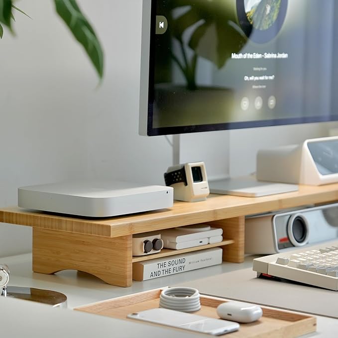 Bamboo Dual Monitor Stand Riser Natural, 2-Tier Desk Monitor Riser for 2 Monitors, Supports for PC Computer Monitor, Printer, Heavy TV Riser up to 300 lbs