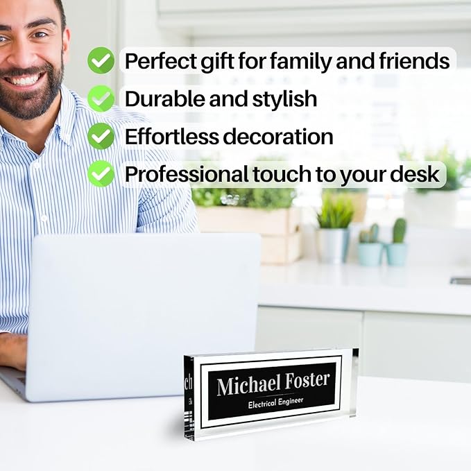 Customized Clear Acrylic Thick 8x3" Desk Name Plate Block with Personalized Logo - Professional Office Decor - Customized Acrylic Plate Gift for Teacher Co-workers, Christmas Gifts for Her, Thanksgiving Gifts (Elegant Charcoal)