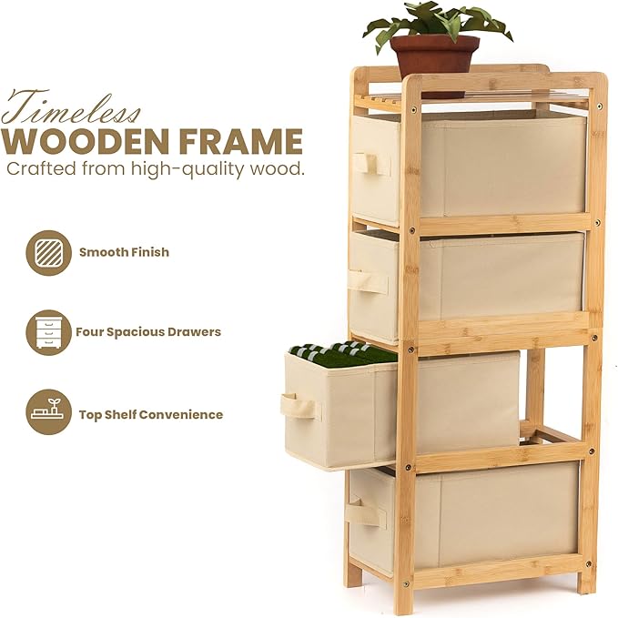 HH DESIGNS Wooden Narrow Dresser- Skinny with 4 Fabric Drawers- Slim for Small Spaces- Vertical Bamboo Storage- Skinny for Bedroom, Living Room, Laundry Room