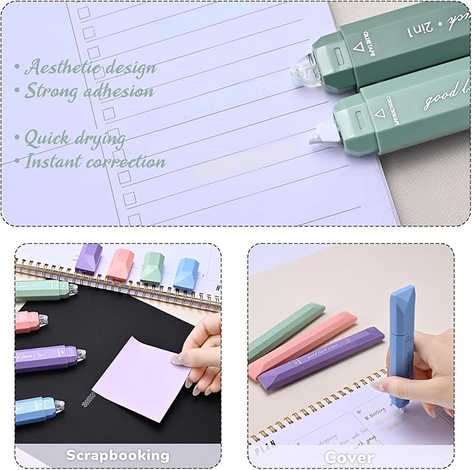 Temiary 4 Pcs 2 in 1 White Correction Tape and Double Sided Roller Set, Aesthetic Smooth Pull Out Tapes with Adhesive Glue Tape Roller Runner for School Office Supplies (Green)