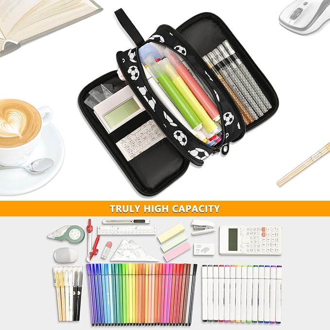 Football Soccer Pencil Case Box Boys Girls Large Pencil Pouch Zipper Compartments Big Capacity Stationery Pen Bag Organizer Kids Teens Adults School