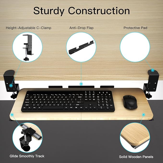Large Keyboard Tray Under Desk Pull Out with Adjustable C-Clamp, Ergonomic Slide-Out Computer Keyboard and Mouse Platform Drawer for Office and Home Typing (Light Wood)
