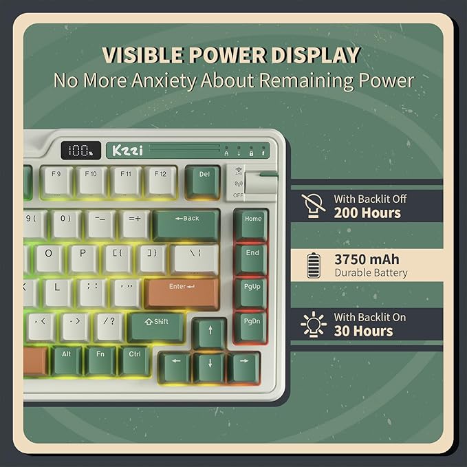 KZZI K75 PRO RGB 75% Wireless Gasket Mechanical Keyboard, Triple Mode BT 5.0/2.4G/USB-C 82 Keys Hot Swappable Gaming Keyboard w/Knob & Power Display, Custom Linear Switches, Green