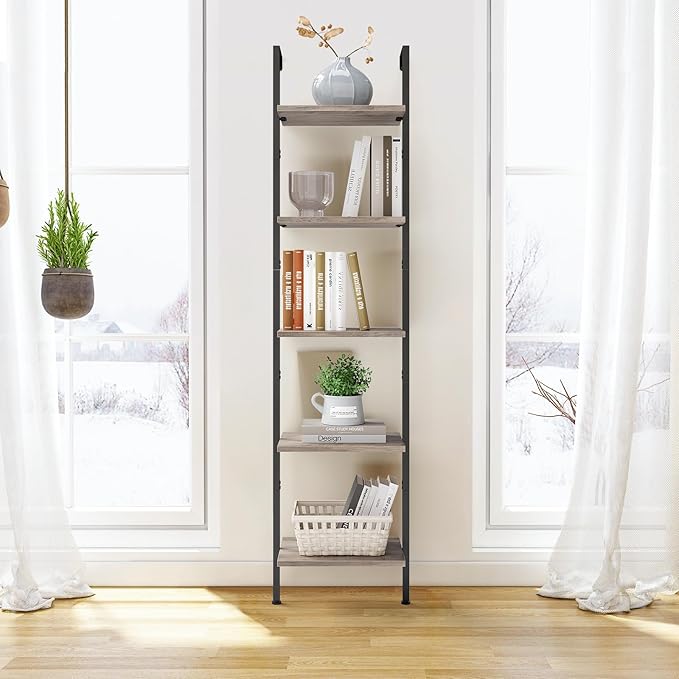 ELYKEN Ladder Shelf, 5-Tier Wood Wall Mounted Bookshelf with Metal Frame, Vintage Open Display Organizer Rack, Leaning Storage Shelves for Living Room, Bedroom, Home Office, Greige