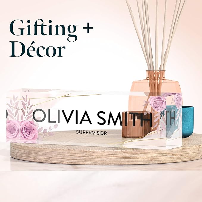 Desk Name Plate Personalized, Custom Name Plates 2½/x8 Inches, Thick Crystal-Clear Acrylic, Gift Box, Office Desk Decor. USA Made by ACRYLUXE (Aesthetic)