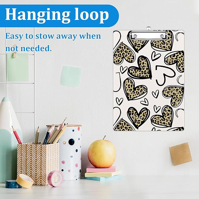 Brown Black Heart Leopard Clipboard Decorative Clip Board with Metal Clip A4 Standard Size 12.5" X 8.7" for Teacher Students Nurses Office