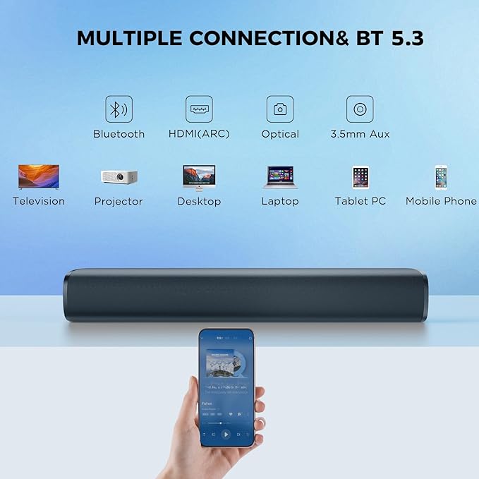 MZEIBO Sound Bar, 50W Soundbar for Smart TV Bluetooth 5.3 Speaker 17Inch with ARC/Optical/AUX Connection Surround for Home Theater Audio TV/PC/Gaming/Projectors