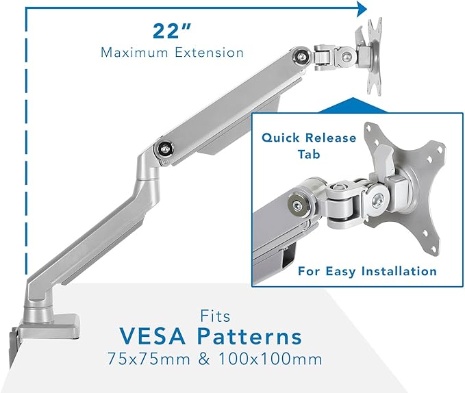 Mount-It! Single Monitor Desk Mount with Height Adjustable Mechanical Spring Arm, Full Motion Silver Bracket Fits 24 27 29 30 32 Inch Screens VESA 75, 100 mm, Easy Install C-Clamp and Grommet Base