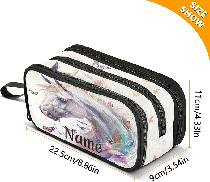 Custom White Horse Butterflies Pencil Case Box Boys Girls Personalized Name Large Pencil Pouch Stationery Pen Bag Organizer for Kids Adults School Office
