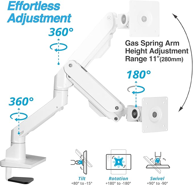 AVLT Single 34”-57” Monitor Arm Desk Mount fits One 44 lbs Heavy Duty Screen Full Motion Height Swivel Tilt Rotation Adjustable White Arm VESA 200x200 200x100 100x100 75x75
