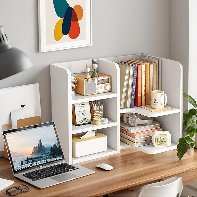 Desk Shelf,Small Bookshelf,Wooden Desk Hutch Desk Organizers,White Desktop Bookshelf and Accessories Storage Display Rack in Home Office Dorm,Freestanding Desk Shelf