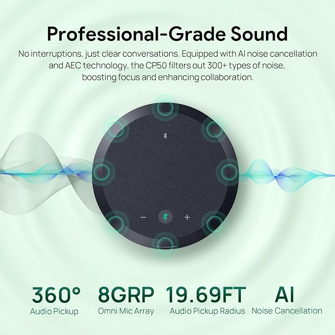 Yealink CP50 Conference Call Speaker and Microphone with Ai Noise Cancellation, Speakerphone for Teams Room, 8 360° Omnidirectional Mics, Bluetooth, USB-C, Daisy Chain, 19.69ft Pickup