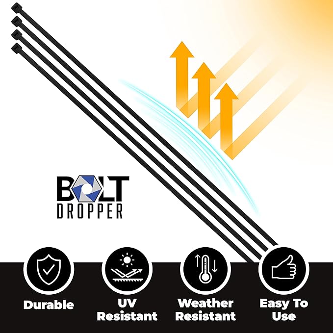 Bolt Dropper 12" Black Zip Cable Ties (100 Set), 120lbs Tensile Strength - Heavy Duty, Self-Locking Durable Plastic Cable Wire Ties for Indoor and Outdoor by Bolt Dropper (Black)
