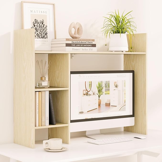 Desktop Bookshelf, 37.4’’ Wooden Desk Storage Hutch with 3 Shelves,4 Tier Multipurpose Display Shelf with Storage, Wooden Desk Shelf Organizer for Computer Desk, College Dorm, Office, Home