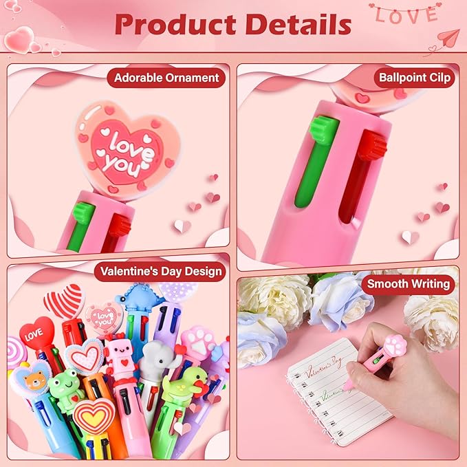 LiYiQ 100 Pcs Valentine's Day Animal Colorful Multicolor Pen in One Cartoon Cute Fun Cute Pens Bulk Kawaii Heart Capybara Frog Panda Shape Lovely Ballpoint Pens for Fun Gifts
