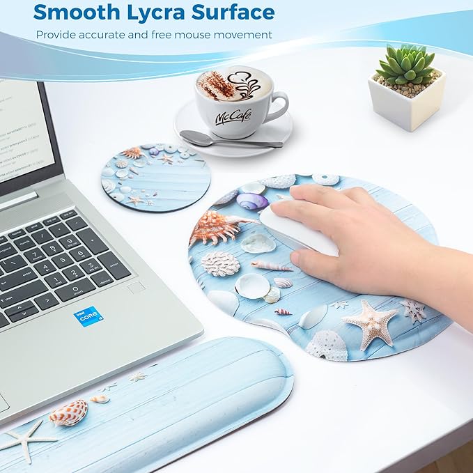 Mouse Pad and Keyboard Wrist Rest Support, with Non-Slip PU Base,Gel Mouse Pad with Coaster,Pain Relief for Gaming, Computer,Office -Seashell