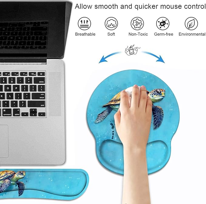 Keyboard Wrist Rest and Mouse Pad Wrist Support Set with Coasters, Non-Slip PU Base Ergonomic Gaming Mousepad for Home Office Working Studying Easy Typing & Pain Relief - Sea Turtle