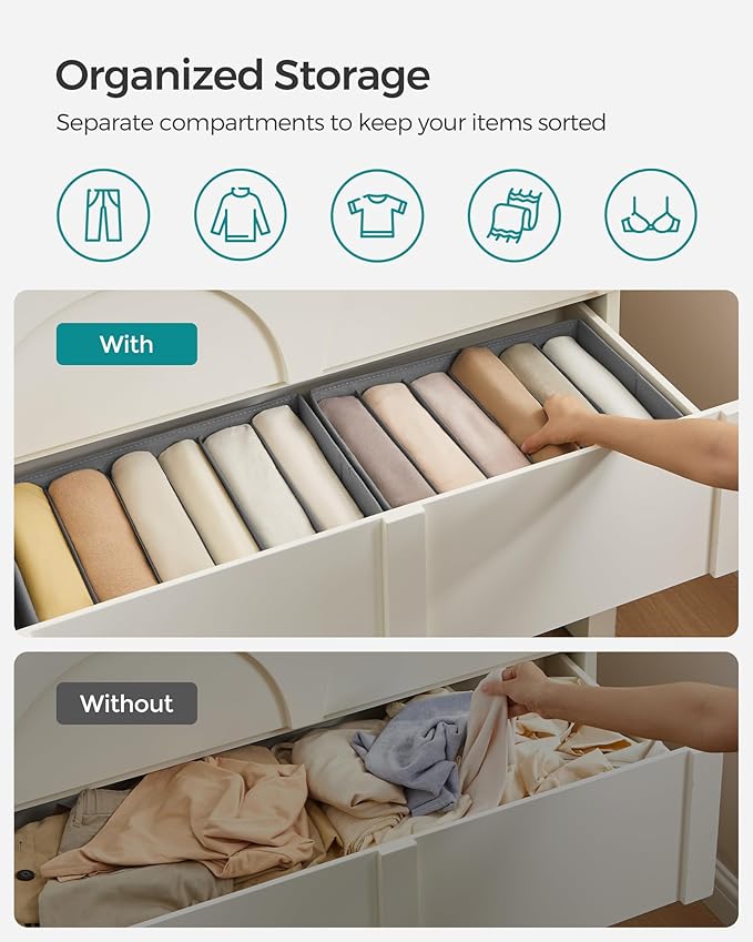 SONGMICS Set of 2 Large Size Wardrobe Clothes Organizers, 6-Compartment Foldable Drawer Organizers with Handles, 16.5 x 11.8 x 6.7 Inches, for Pants, Sweaters, Jeans, Dove Gray URUS009G02