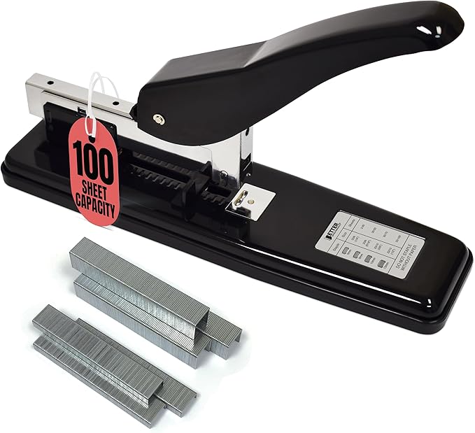 Better Office Products Heavy Duty Commercial Stapler with 2,000 Staples, Black Polished Steel, 100 Sheet High Capacity, Rounded Ergonomic Lever & Weighted Stability Base, Jam Free Large Stapler,