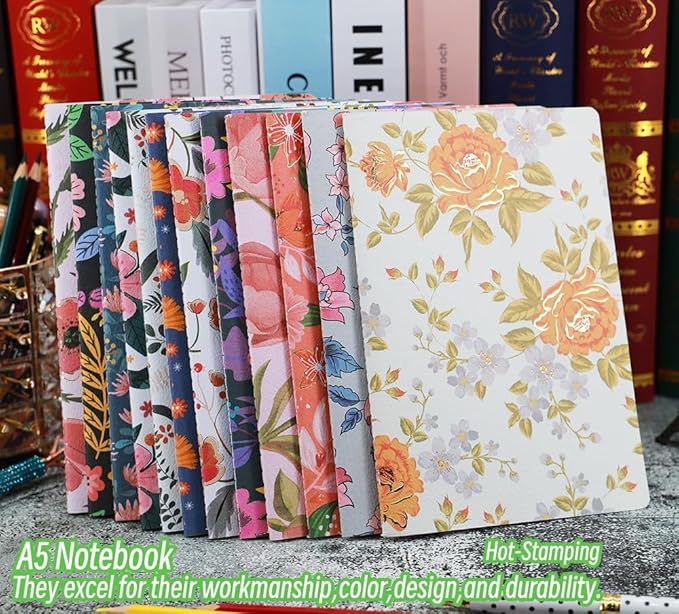 Wotion Pack of Journals for Writing A5 Notebook Bulk Set,Sketch Book- 12 Pack with 60 Blank Pages, 30 Sheets, and Embossed Cover in Gold Foil Floral Bliss Pattern (5.75 x 8.35 Inches)