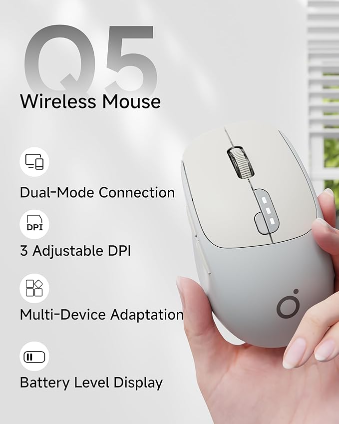 EWEADN Q5 Wireless Mouse, Bluetooth & 2.4G Quiet Computer Mouses with 1600 DPI, Battery Level Display, Ergonomic Office Mouse,6 Button Portable Cute Cordless Mice for Laptop/PC/Mac- Grey