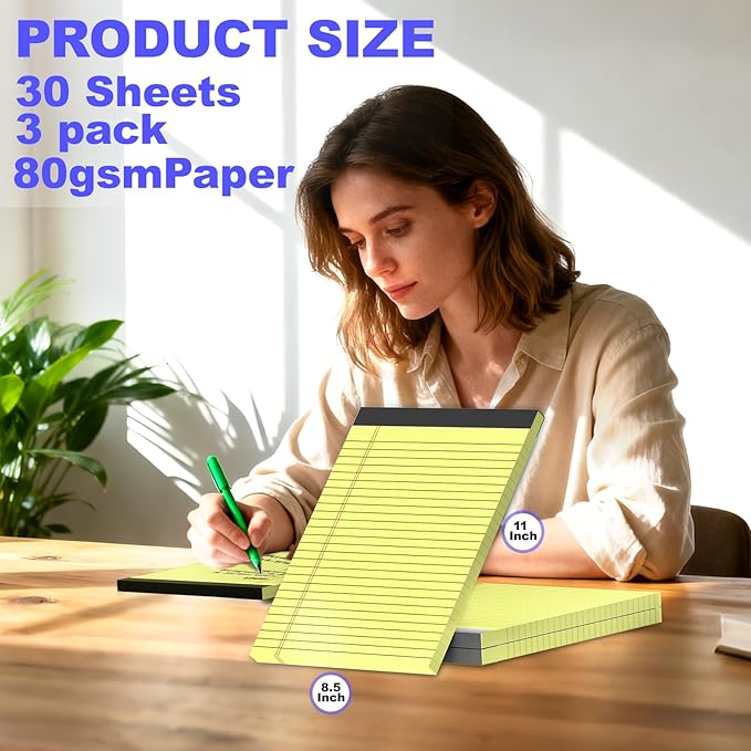 Gehanfai 3 Pack Yellow Legal Pads 8.5 x 11 Inch, Wide Ruled Notepads Lined Memo Note Pads, 8.5x11 Inch Micro Perforated Writing Pads 30 Sheets Per Pad for Work Study Daily Note Taking List