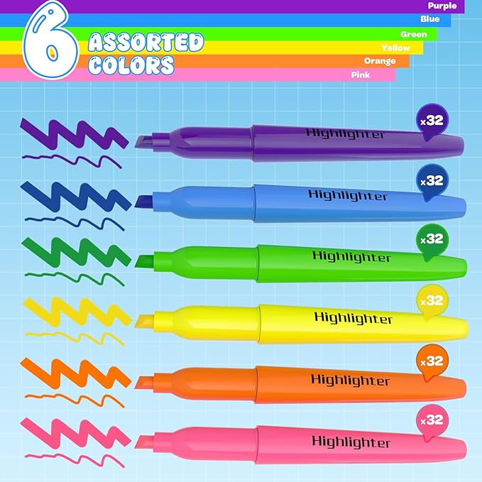 DUONIZAY 192 Count Highlighters Assorted Colors Bulk - 6 Colors Dry-Quickly No Bleed Chisel Tip Highlighter, Markers Set for Classroom Office, Back to School Supplies for Teacher Kids Adults