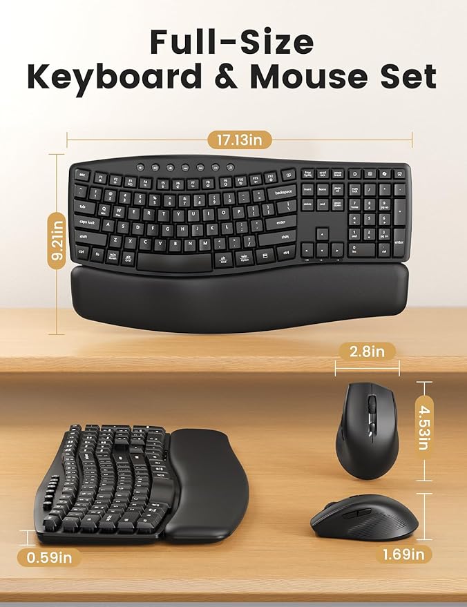 Ergonomic Wireless Keyboard and Mouse Combo, 30dB Quiet Full Size Keyboard Set with Wave Keys & Soft Palm Rest, Dual-System Switch for Windows/Mac, Ideal for Business Teams Home Office—Sablute