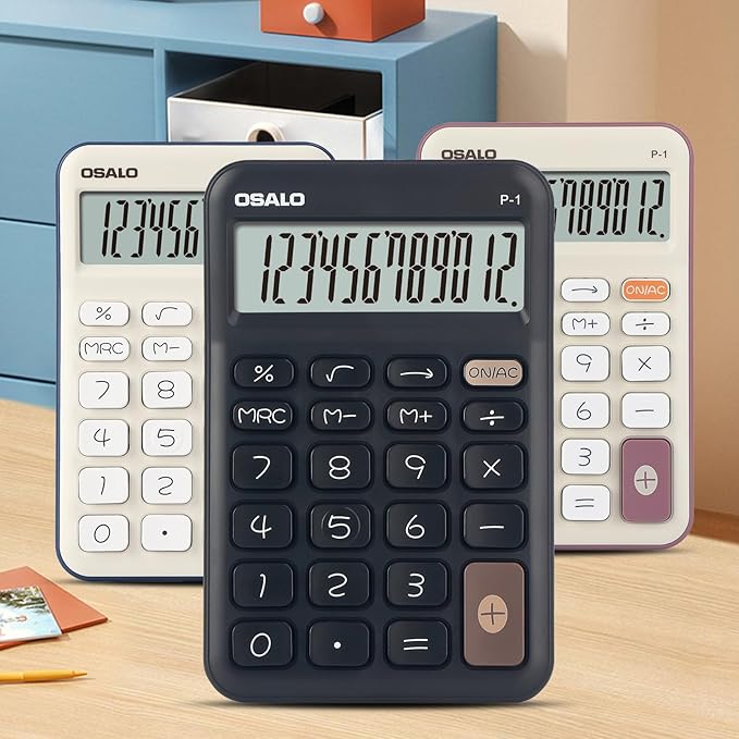 Pendancy Small Desk Calculator Cute, 12 Digit LCD Display, Basic Function, Auto-Sleep, 4.7"x2.9" Pocket-Sized Design Handheld Calculators Desktop, for Office, School, Business & Travel(OS-P1 Black)