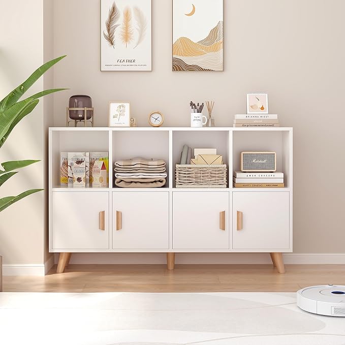 Cubby Shelf Bookcase with Doors - Wooden 8 Cube Floor Standing Open Bookshelf with Solid Wood Legs, 2-Tier Low Storage Cabinet, Warm White