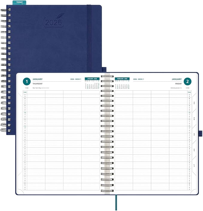 BEZEND Daily Appointment Book 2026 Page per Day Even Weekends (Large-8.25" x 11.75") 15-Minute Timeslots in 4 Columns, Monthly Planner with Tabs & Week Schedule, PU Leather Softcover in Blueberry