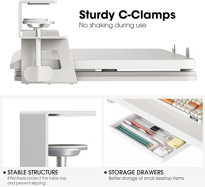 Fenge Keyboard Tray Under Desk, Pull Out Keyboard & Mouse Tray with C Clamp Mount, Sliding Keyboard Holder for Desk, 25.6 x 11.8 inch Large Slide-Out Platform Computer Drawer for Typing, White
