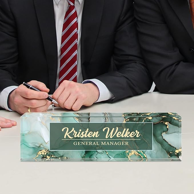 Personalized Premium Green Marble Acrylic Desk Name Plate, Office Decor for Women or Men Coworkers, Boss, Employee, Teacher