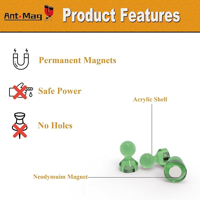 Ant Mag Magnetic Push Pins, 72 Pack Strong Whiteboard Magnets for Fridge, Maps, Office, Kitchen & Classroom Green