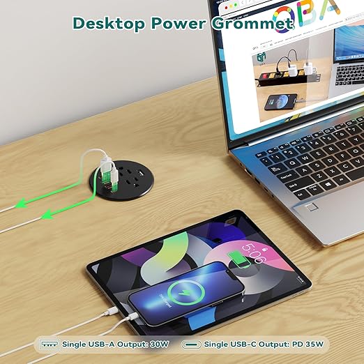 QBA Recessed Power Grommet with USB Data Transfer, Desk Charging Station with USB-C 35W，2 AC Outlets, 3 Inch Flush Mount Power Outlet for Home Office Furniture