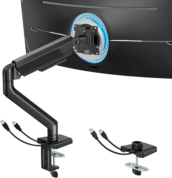 ARES WING Heavy Duty Single Monitor Arm - Fully Adjustable Monitor Mount for 17"-40" Ultrawide Screens Up to 26.4 lbs with Clamp/Grommet Desk Mount and USB A/C, 75/100 Vesa Mount, Black