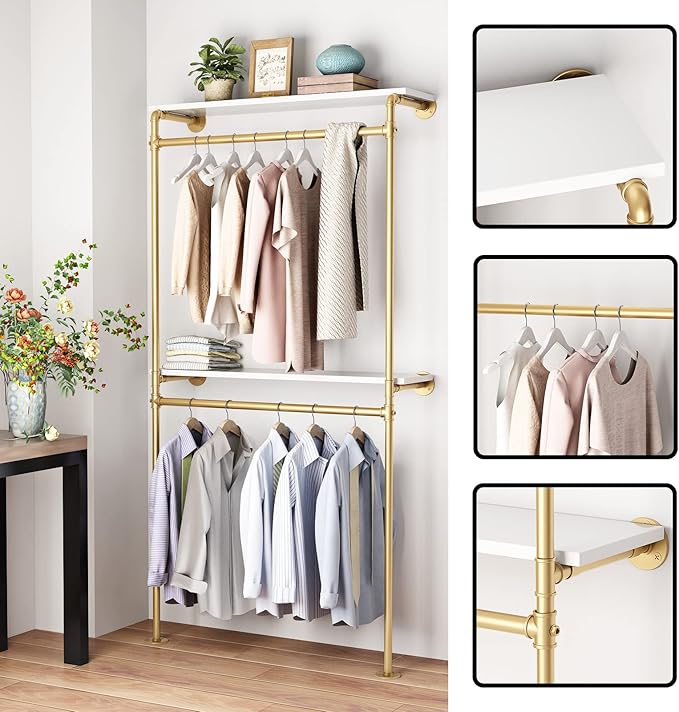 DR.IRON Gold Pipe Clothing Racks with 2 Tier Shelves, Wall Mounted Gold Clothes Rack with Double Hanging Rods Heavy Duty Garment Storage Rack Display Racks Rod for Clothes,Laundry Room